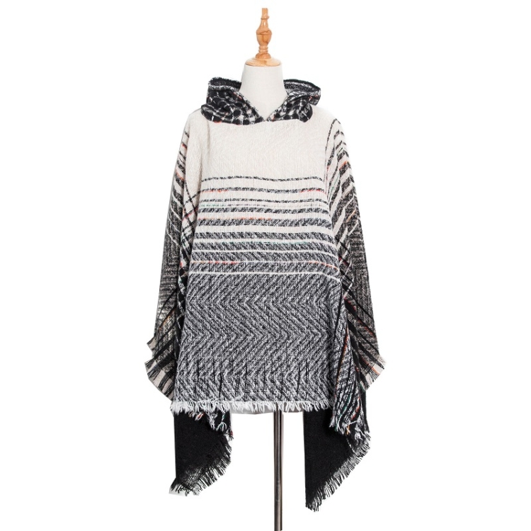 Spring Autumn Winter Checkered Pattern Hooded Cloak Shawl Scarf, Length (CM): 135cm(DP4-02 Black)