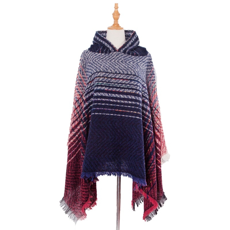Spring Autumn Winter Checkered Pattern Hooded Cloak Shawl Scarf, Length (CM): 135cm(DP4-03 Navy)