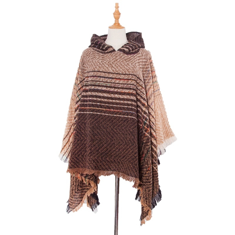 Spring Autumn Winter Checkered Pattern Hooded Cloak Shawl Scarf, Length (CM): 135cm(DP4-08 Brown)