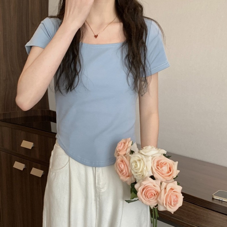 Summer Big U-neck Babes Look Thin Slim Fit Irregular Top, Size: M(Fog Blue)