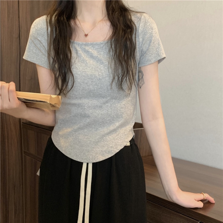 Summer Big U-neck Babes Look Thin Slim Fit Irregular Top, Size: XL(Grey)