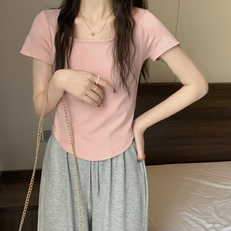 Summer Big U-neck Babes Look Thin Slim Fit Irregular Top, Size: XL(Pink)