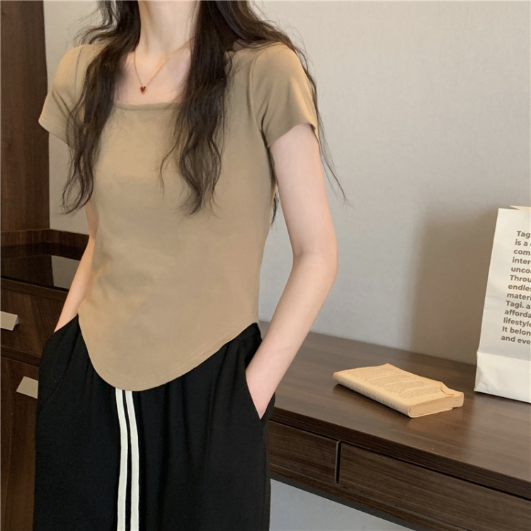 Summer Big U-neck Babes Look Thin Slim Fit Irregular Top, Size: XXL(Khaki)
