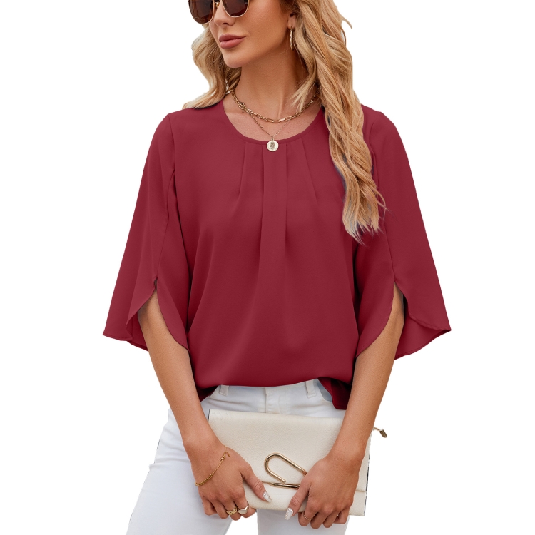 Summer Women Loose Chiffon Blouse Tops Round Neck 5 Points Sleeve Short Sleeve, Size: L(Wine Red)