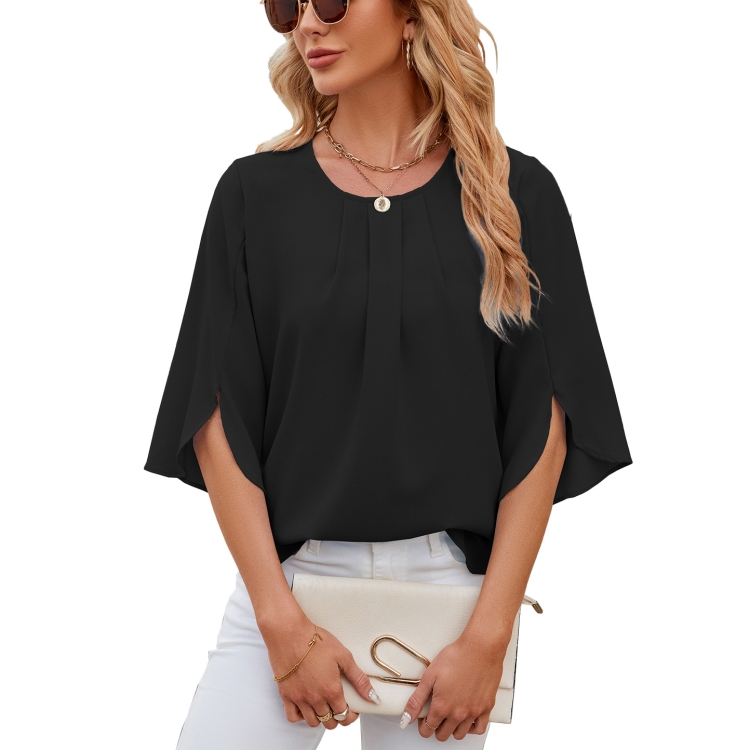 Summer Women Loose Chiffon Blouse Tops Round Neck 5 Points Sleeve Short Sleeve, Size: M(Black)