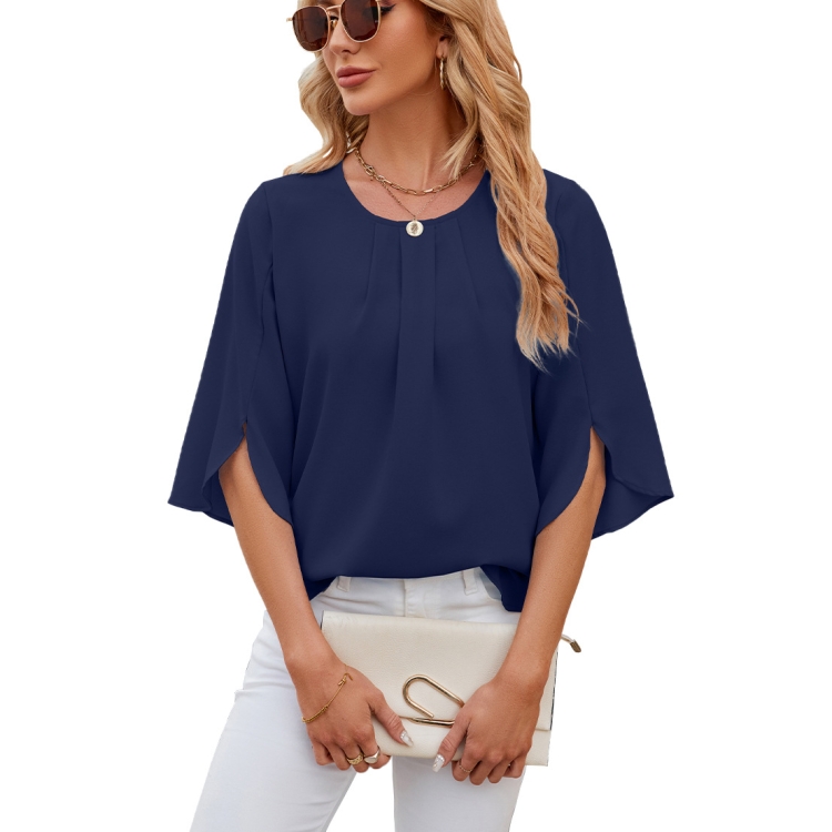 Summer Women Loose Chiffon Blouse Tops Round Neck 5 Points Sleeve Short Sleeve, Size: M(Navy)