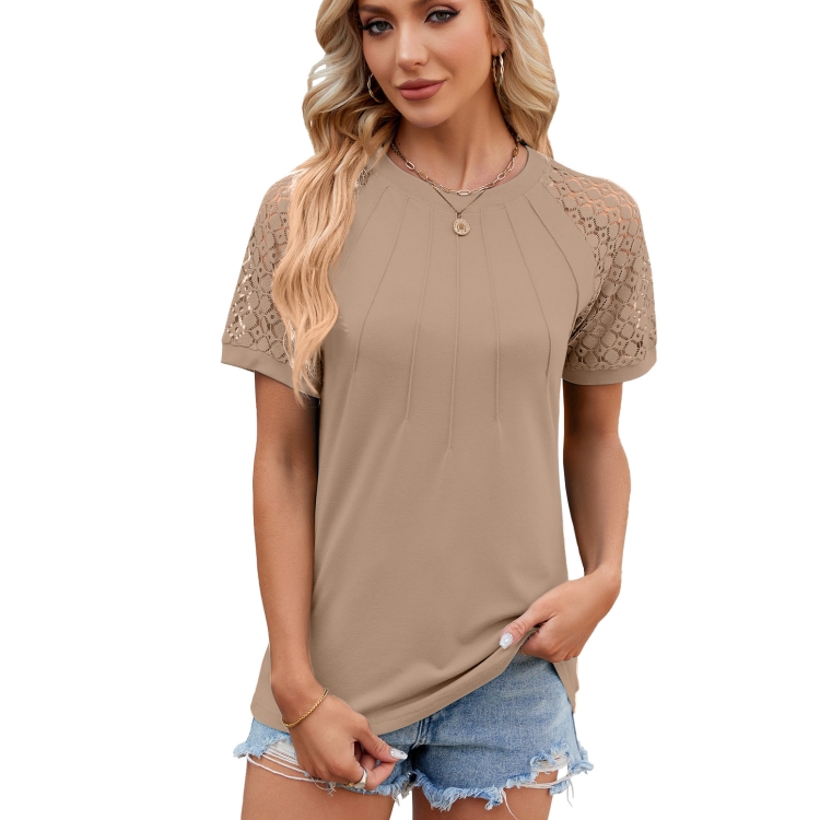 Summer Women Round Neck Flower Lace Patchwork Short Sleeve T-Shirt, Size: M(Khaki)