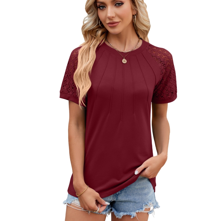 Summer Women Round Neck Flower Lace Patchwork Short Sleeve T-Shirt, Size: XXL(Wine Red)