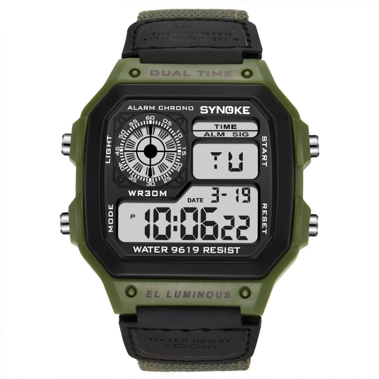 SYNOKE 9619B Nylon Canvas Strap Luminous Waterproof Digital Watch(Green Head Green Belt)