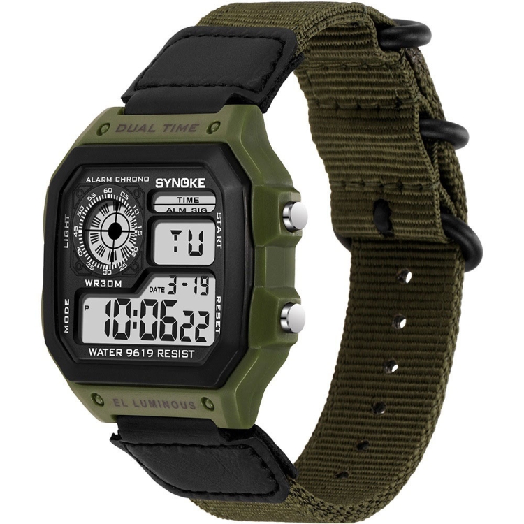 SYNOKE 9619C Nylon Canvas Strap Three-Ring Buckle Vintage Electronic Luminous Watch(Green)