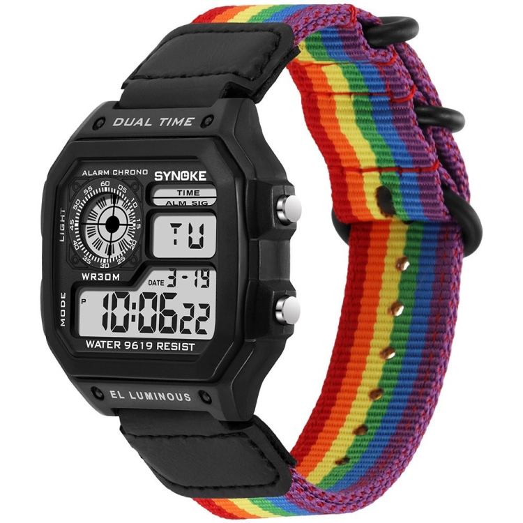 SYNOKE 9619C Nylon Canvas Strap Three-Ring Buckle Vintage Electronic Luminous Watch(Rainbow Colors)