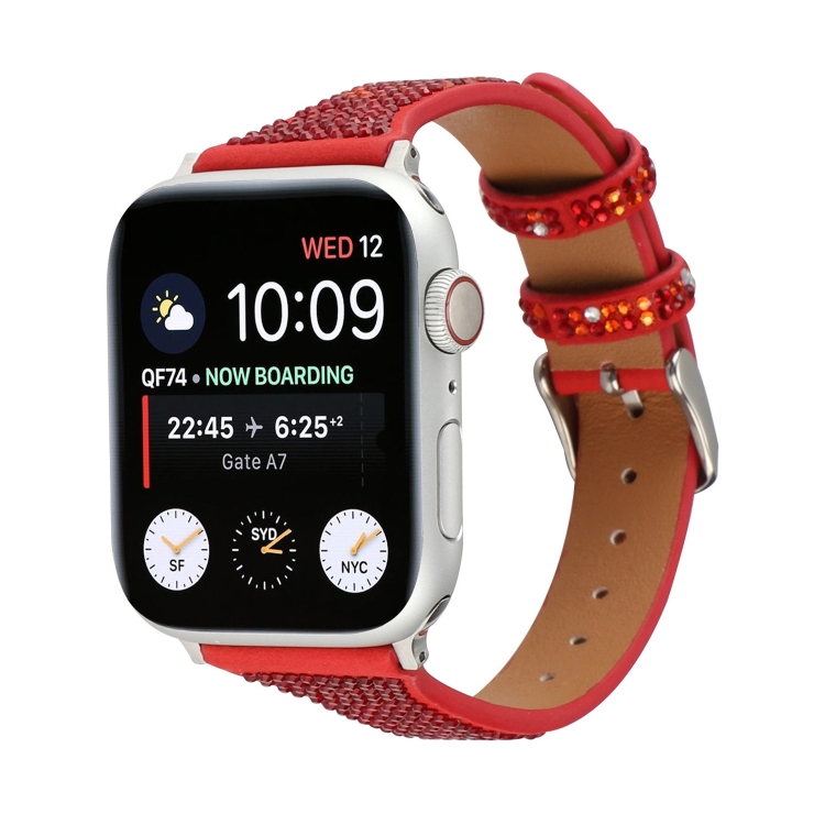 T-shaped Small Waist Flashing Diamond Genuine Leather Watch Band Watch Band For Apple Watch Series 9&8&7 41mm / SE 3&SE 2&6&SE&5&4 40mm / 3&2&1 38mm(Red)
