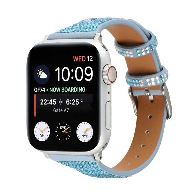 T-shaped Small Waist Flashing Diamond Genuine Leather Watch Band Watch Band For Apple Watch Ultra 49mm&Watch Ultra 2 49mm / Series 9&8&7 45mm / SE 3&SE 2&6&SE&5&4 44mm / 3&2&1 42mm(Blue)