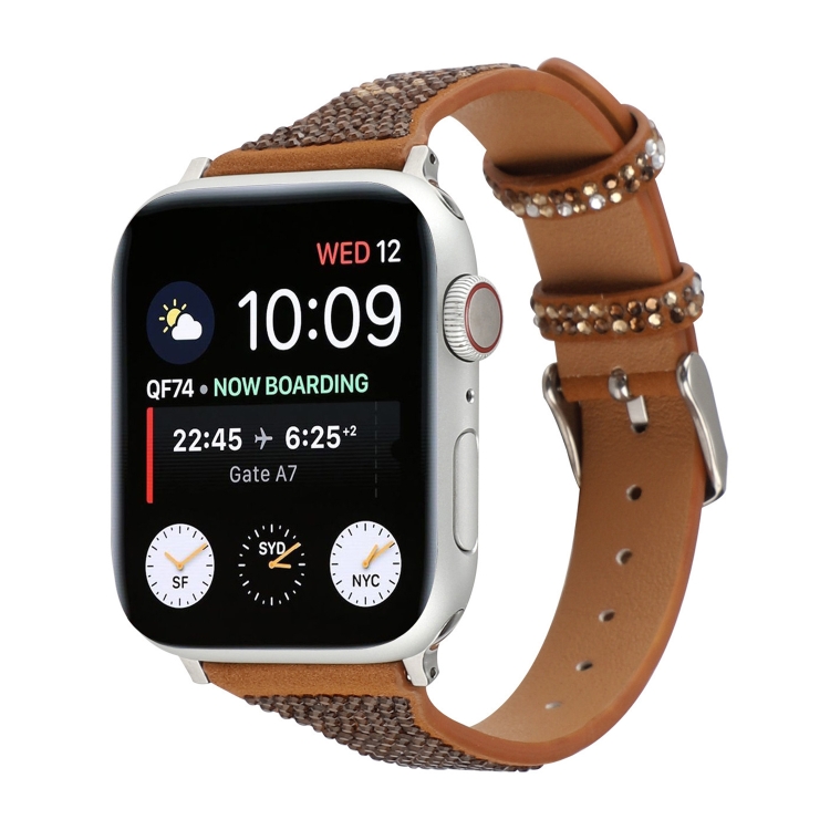 T-shaped Small Waist Flashing Diamond Genuine Leather Watch Band Watch Band For Apple Watch Ultra 49mm&Watch Ultra 2 49mm / Series 9&8&7 45mm / SE 3&SE 2&6&SE&5&4 44mm / 3&2&1 42mm(Brown)