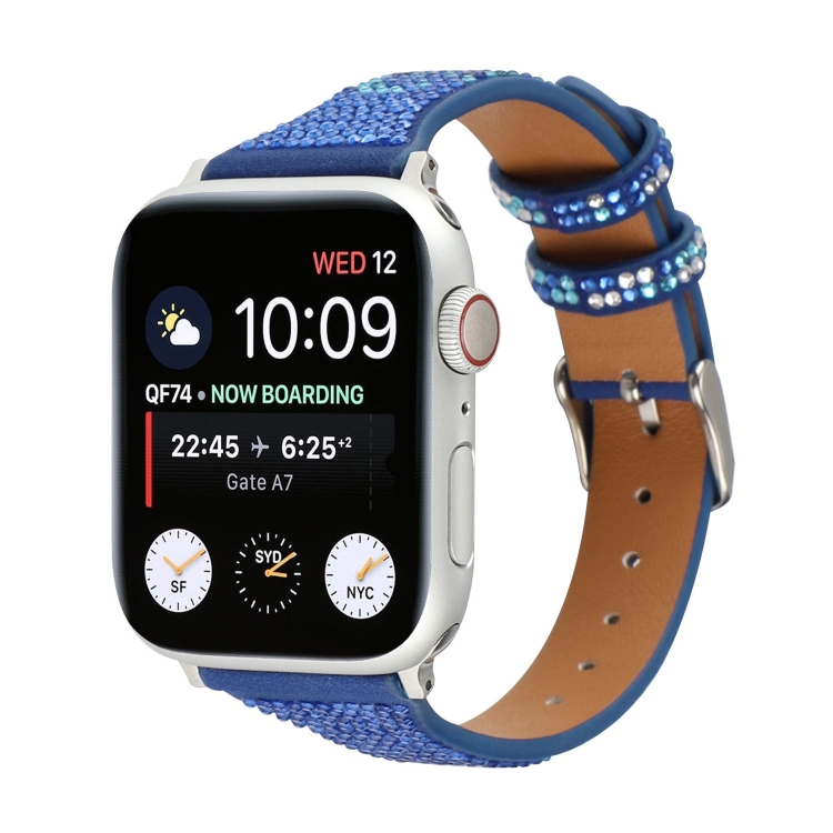 T-shaped Small Waist Flashing Diamond Genuine Leather Watch Band Watch Band For Apple Watch Ultra 49mm&Watch Ultra 2 49mm / Series 9&8&7 45mm / SE 3&SE 2&6&SE&5&4 44mm / 3&2&1 42mm(Dark Blue)