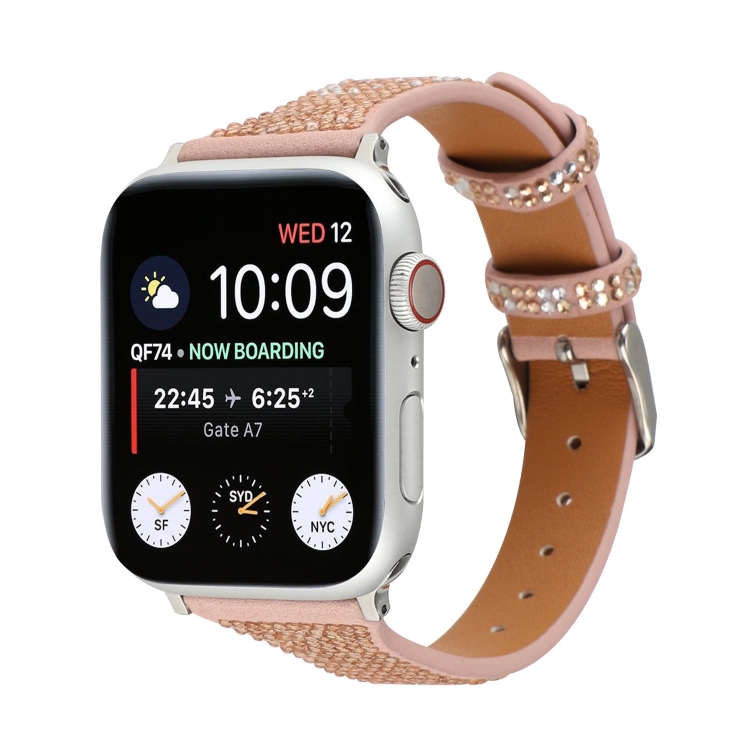 T-shaped Small Waist Flashing Diamond Genuine Leather Watch Band Watch Band For Apple Watch Ultra 49mm&Watch Ultra 2 49mm / Series 9&8&7 45mm / SE 3&SE 2&6&SE&5&4 44mm / 3&2&1 42mm(Rose Gold)