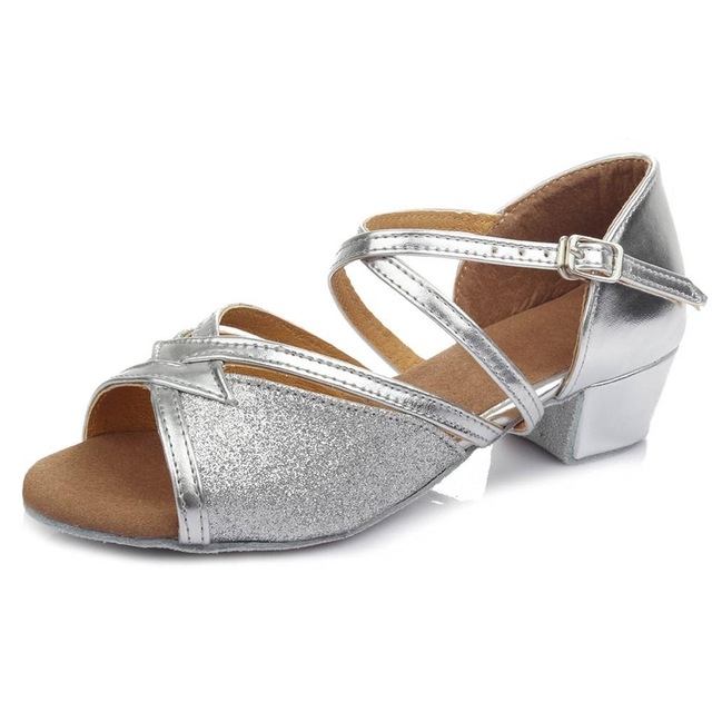 Tango Salsa Latin Low Heel Soft Bottom Dance Shoes for Girls & Women, Shoe Size:24(Silver)