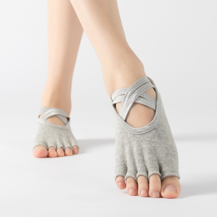 Terry Five-Finger Socks Cotton Thickened Warm and Non-Slip Yoga Socks Cross Strap Dance Socks, Size: One Size(Open Toe (Light Gray))