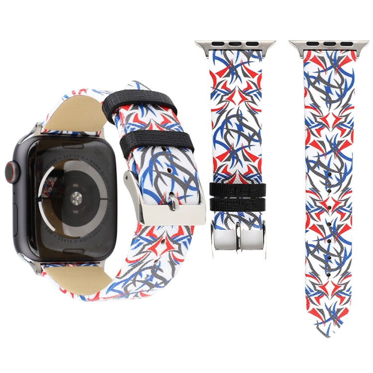 Thorns Printing Genuine Leather Watch Band for Apple Watch Ultra 49mm&Watch Ultra 2 49mm / Series 10 46mm / 9&8&7 45mm / SE 3&SE 2&6&SE&5&4 44mm / 3&2&1 42mm(Blue + Red)