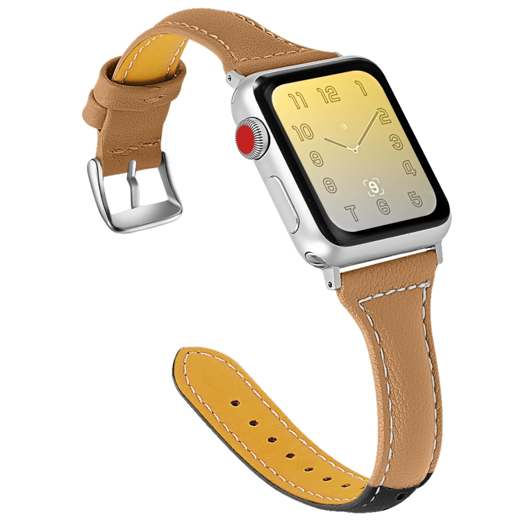 Three-color T-shape Leather Watch Band For Apple Watch Series 9&8&7 41mm / SE 3&SE 2&6&SE&5&4 40mm / 3&2&1 38mm(Black Coffee+Coffee)