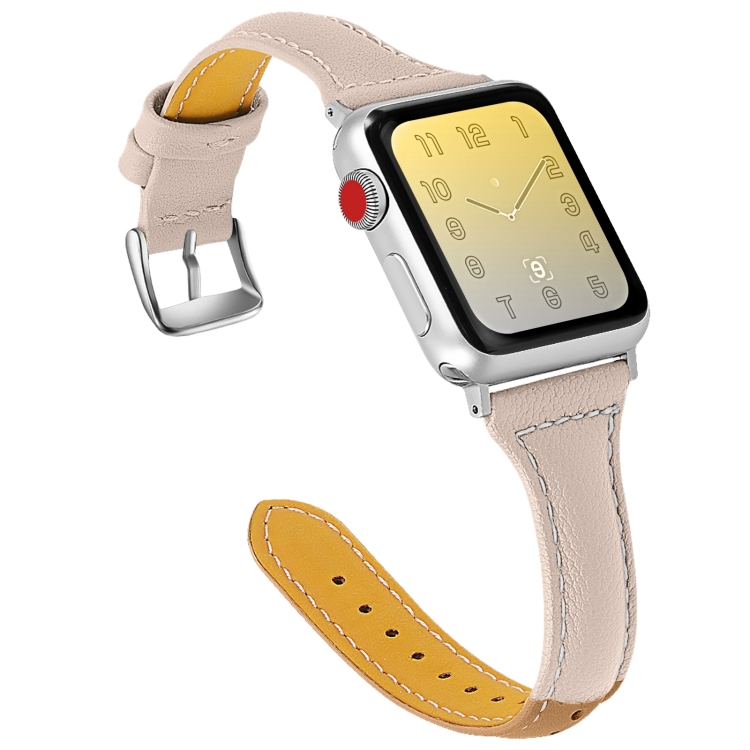 Three-color T-shape Leather Watch Band For Apple Watch Series 9&8&7 41mm / SE 3&SE 2&6&SE&5&4 40mm / 3&2&1 38mm(Coffee Apricot+Apricot)