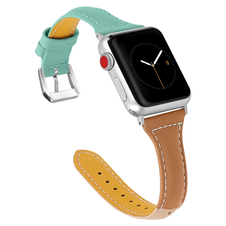 Three-color T-shape Leather Watch Band For Apple Watch Ultra 49mm&Watch Ultra 2 49mm / Series 9&8&7 45mm / SE 3&SE 2&6&SE&5&4 44mm / 3&2&1 42mm (Apricot Brown + Mint Green)