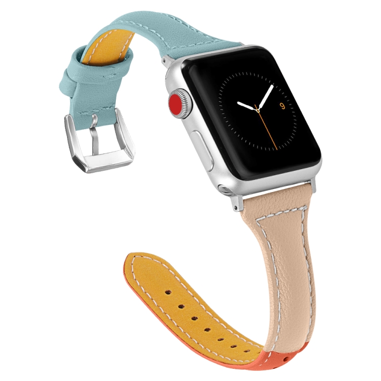 Three-color T-shape Leather Watch Band For Apple Watch Ultra 49mm&Watch Ultra 2 49mm / Series 9&8&7 45mm / SE 3&SE 2&6&SE&5&4 44mm / 3&2&1 42mm (Orange Apricot + Blue)
