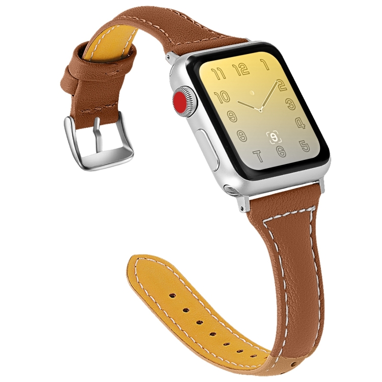 Three-color T-shape Leather Watch Band For Apple Watch Ultra 49mm&Watch Ultra 2 49mm / Series 9&8&7 45mm / SE 3&SE 2&6&SE&5&4 44mm / 3&2&1 42mm(Coffee Brown+Brown)