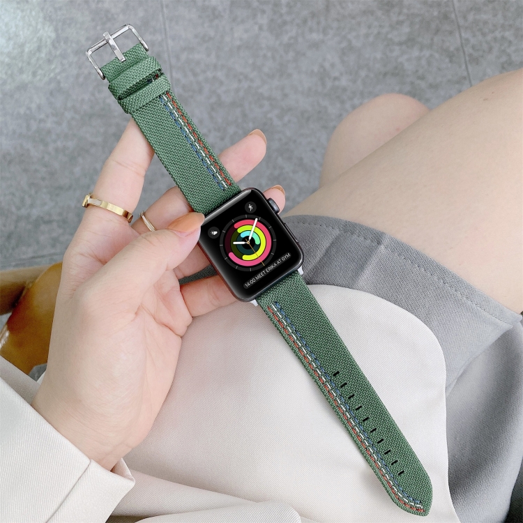 Three Lines Canvas Watch Band For Apple Watch Series 9&8&7 41mm / SE 3&SE 2&6&SE&5&4 40mm / 3&2&1 38mm(Green)