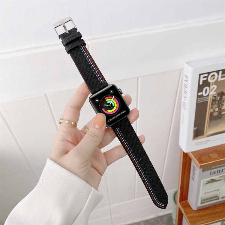 Three Lines Canvas Watch Band For Apple Watch Ultra 49mm&Watch Ultra 2 49mm / Series 9&8&7 45mm / SE 3&SE 2&6&SE&5&4 44mm / 3&2&1 42mm(Black)