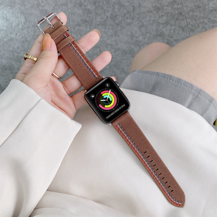 Three Lines Canvas Watch Band For Apple Watch Ultra 49mm&Watch Ultra 2 49mm / Series 9&8&7 45mm / SE 3&SE 2&6&SE&5&4 44mm / 3&2&1 42mm(Brown)