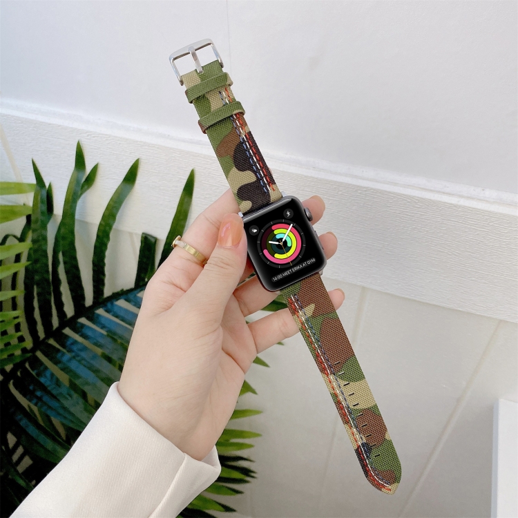 Three Lines Canvas Watch Band For Apple Watch Ultra 49mm&Watch Ultra 2 49mm / Series 9&8&7 45mm / SE 3&SE 2&6&SE&5&4 44mm / 3&2&1 42mm(Camouflage Green)