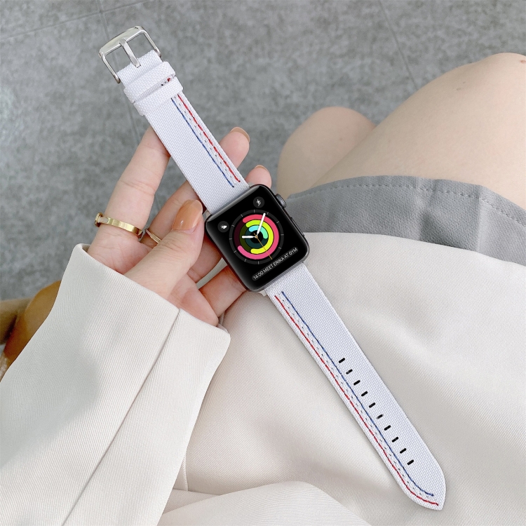 Three Lines Canvas Watch Band For Apple Watch Ultra 49mm&Watch Ultra 2 49mm / Series 9&8&7 45mm / SE 3&SE 2&6&SE&5&4 44mm / 3&2&1 42mm(White)