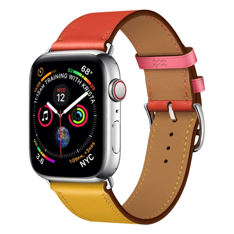 Two Color Single Loop Leather Wrist Strap Watch Band for Apple Watch Series 3 & 2 & 1 38mm, Color:Amber+Orange Red+Light Rose Red