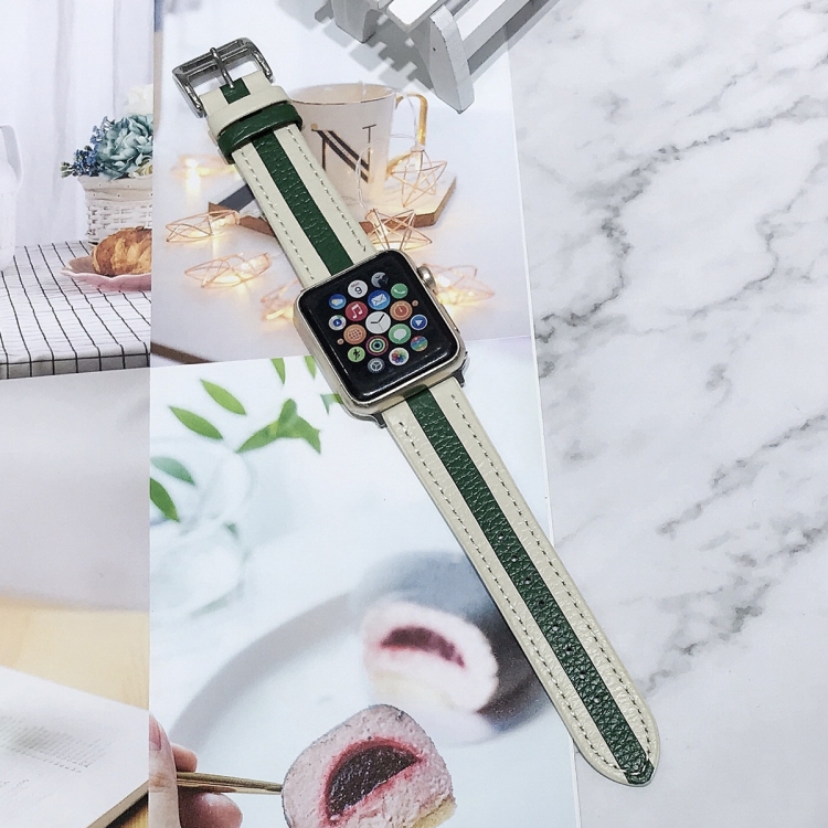 Two-color Stitching Lychee Texture Leather Watch Band For Apple Watch Ultra 49mm&Watch Ultra 2 49mm / Series 9&8&7 45mm / SE 3&SE 2&6&SE&5&4 44mm / 3&2&1 42mm(White Green)