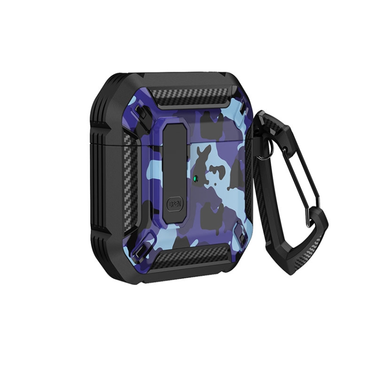 Two-Tone Printed Earphone Case with Switch Lock & Carabiner For AirPods 1/2(Black + Camouflage Blue)