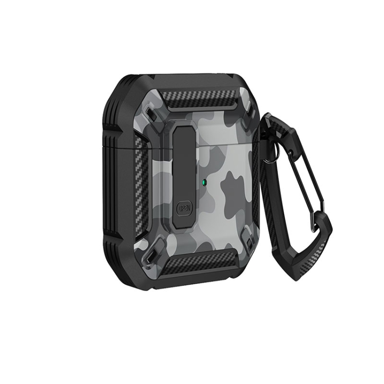 Two-Tone Printed Earphone Case with Switch Lock & Carabiner For AirPods 1/2(Black + Camouflage Gray)