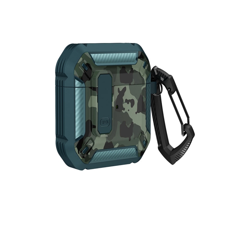 Two-Tone Printed Earphone Case with Switch Lock & Carabiner For AirPods 1/2(Green + Camouflage Green)