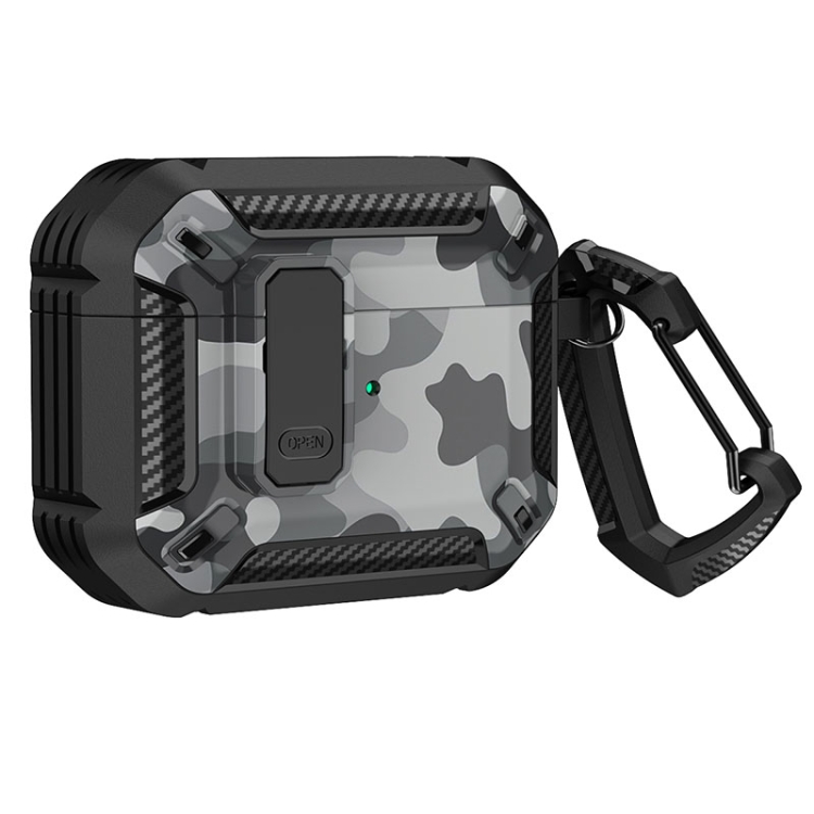Two-Tone Printed Earphone Case with Switch Lock & Carabiner For AirPods Pro(Black + Camouflage Gray)
