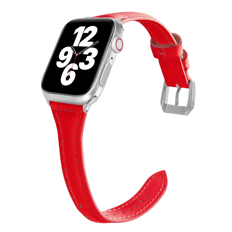 Universal T-shaped Thin Leather Watch Band For Apple Watch Series 7 45mm / 6 & SE & 5 & 4 44mm / 3 & 2 & 1 42mm(Red)