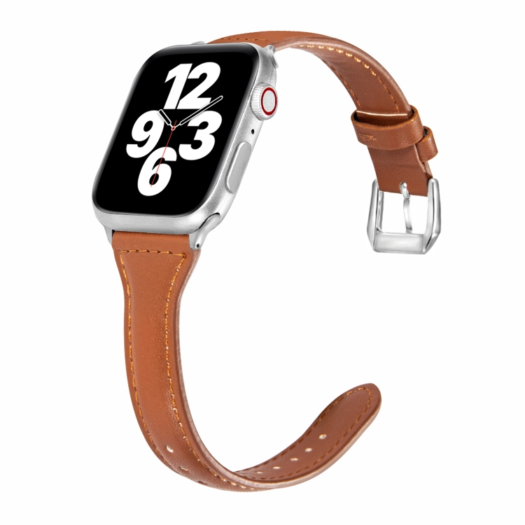 Universal T-shaped Thin Leather Watch Band For Apple Watch Ultra 49mm&Watch Ultra 2 49mm / Series 9&8&7 45mm / SE 3&SE 2&6&SE&5&4 44mm / 3&2&1 42mm(Dark Brown)