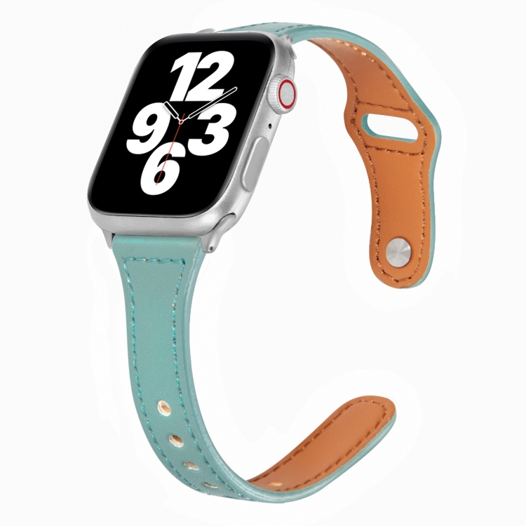 Universal T-shaped Thin Reverse Buckle Leather Watch Band For Apple Watch Series 9&8&7 41mm / SE 3&SE 2&6&SE&5&4 40mm / 3&2&1 38mm(Green)
