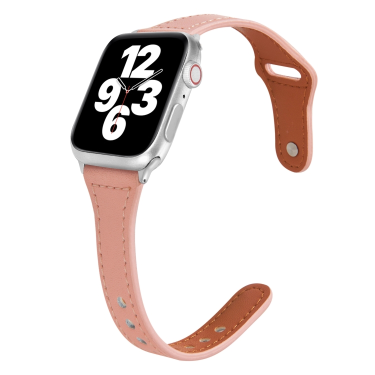 Universal T-shaped Thin Reverse Buckle Leather Watch Band For Apple Watch Series 9&8&7 41mm / SE 3&SE 2&6&SE&5&4 40mm / 3&2&1 38mm(Pink)