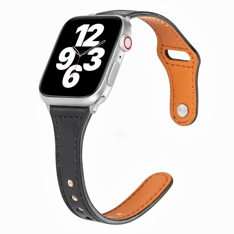 Universal T-shaped Thin Reverse Buckle Leather Watch Band For Apple Watch Ultra 49mm&Watch Ultra 2 49mm / Series 9&8&7 45mm / SE 3&SE 2&6&SE&5&4 44mm / 3&2&1 42mm(Black)