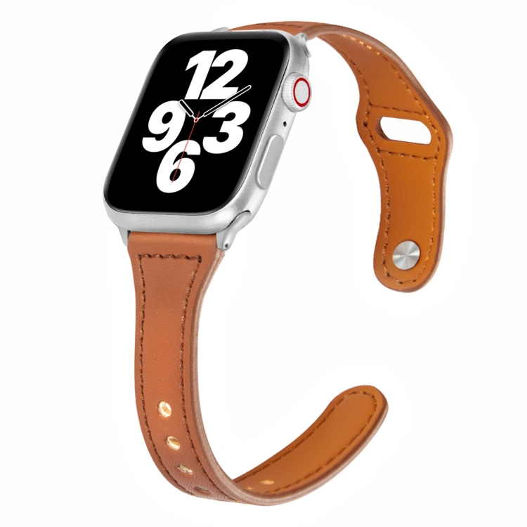 Universal T-shaped Thin Reverse Buckle Leather Watch Band For Apple Watch Ultra 49mm&Watch Ultra 2 49mm / Series 9&8&7 45mm / SE 3&SE 2&6&SE&5&4 44mm / 3&2&1 42mm(Dark Brown)