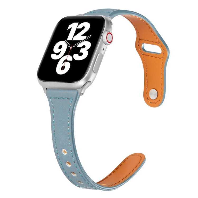 Universal T-shaped Thin Reverse Buckle Leather Watch Band For Apple Watch Ultra 49mm&Watch Ultra 2 49mm / Series 9&8&7 45mm / SE 3&SE 2&6&SE&5&4 44mm / 3&2&1 42mm(Light Blue)