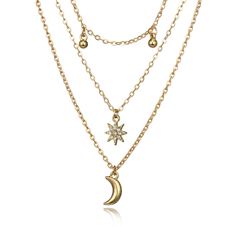 Versatile Round Beads Tassel Collarbone Chain Diamonds Eight-Pointed Star Moon Pendant Necklace(Gold)