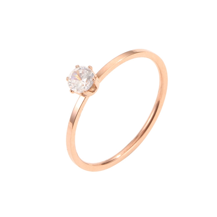 Very Fine Six-Claw Single Diamond Ring Diamond-Set Titanium Steel Women Ring, Size: US Size 5(Rose Gold)