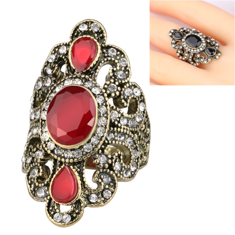 Vintage Ethnic Style Exquisite Carved Inlaid Acrylic Resin Hollow Ring, Ring Size:7(Red)