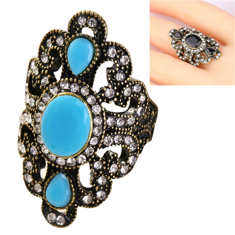 Vintage Ethnic Style Exquisite Carved Inlaid Acrylic Resin Hollow Ring, Ring Size:8(Blue)
